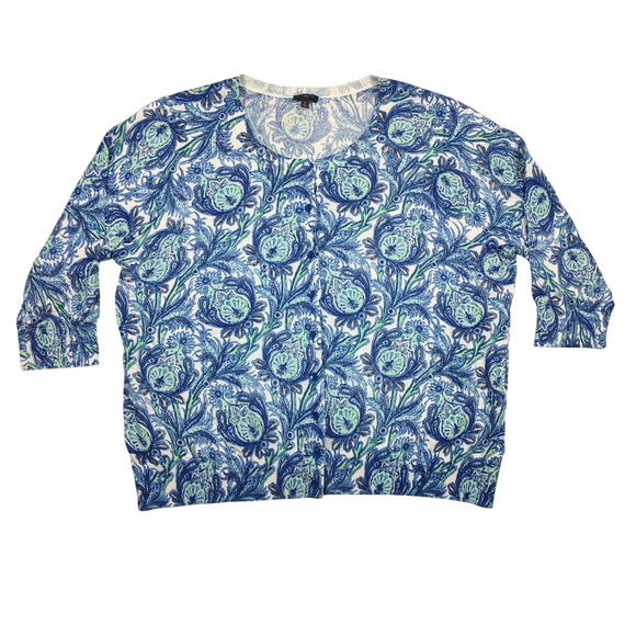 Talbots Sweaters - Talbots Cardigan Women 3X Blue Paisley Knit 3/4 Sleeve Cotton Rayon Sweater